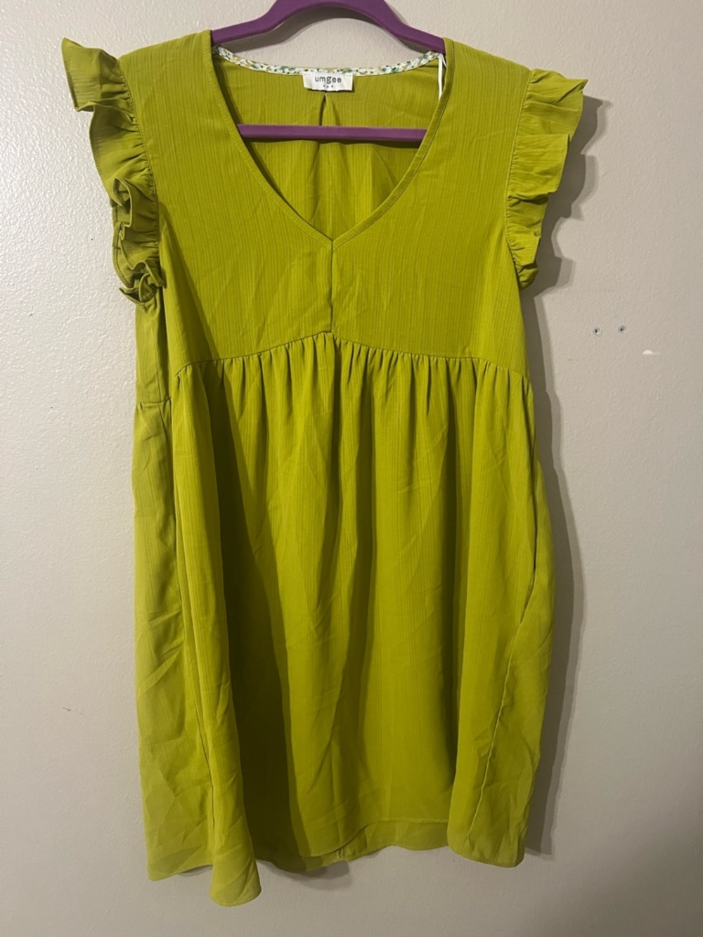 Umgee Lime Green V-Neck Ruffle Sleeve Mini Dress